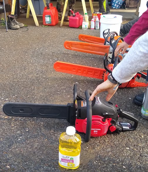 A line of chainsaws sit on the ground.