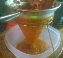 Image of orange persimmon pulp being forced through a colander